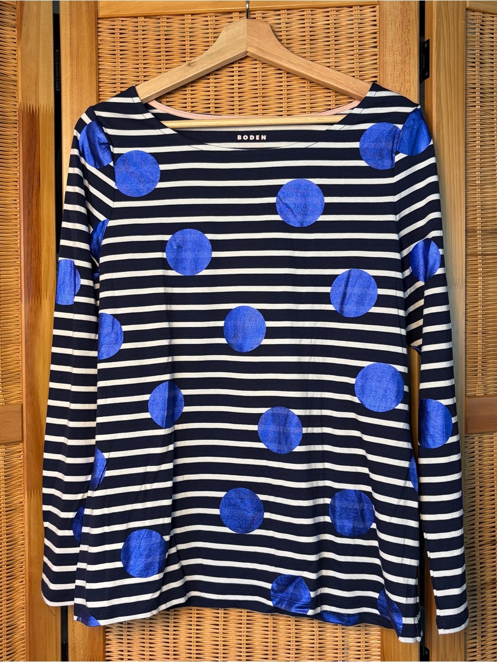 Boden Navy & White Striped Top with Metallic Royal Blue Polka Dots sz 10 NEW!